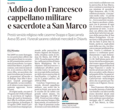 Articolo del Messaggero Veneto del 03.04.2022 su don Francesco Alba