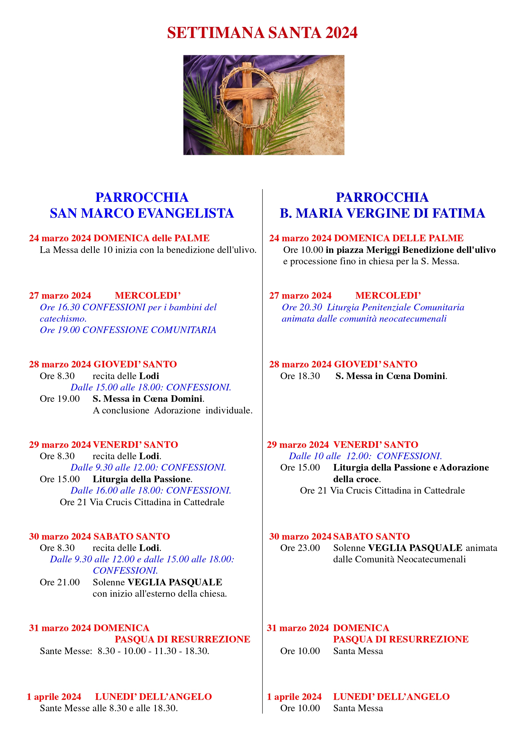 SETTIMANA SANTA 2024 IN SAN MARCO E FATIMA