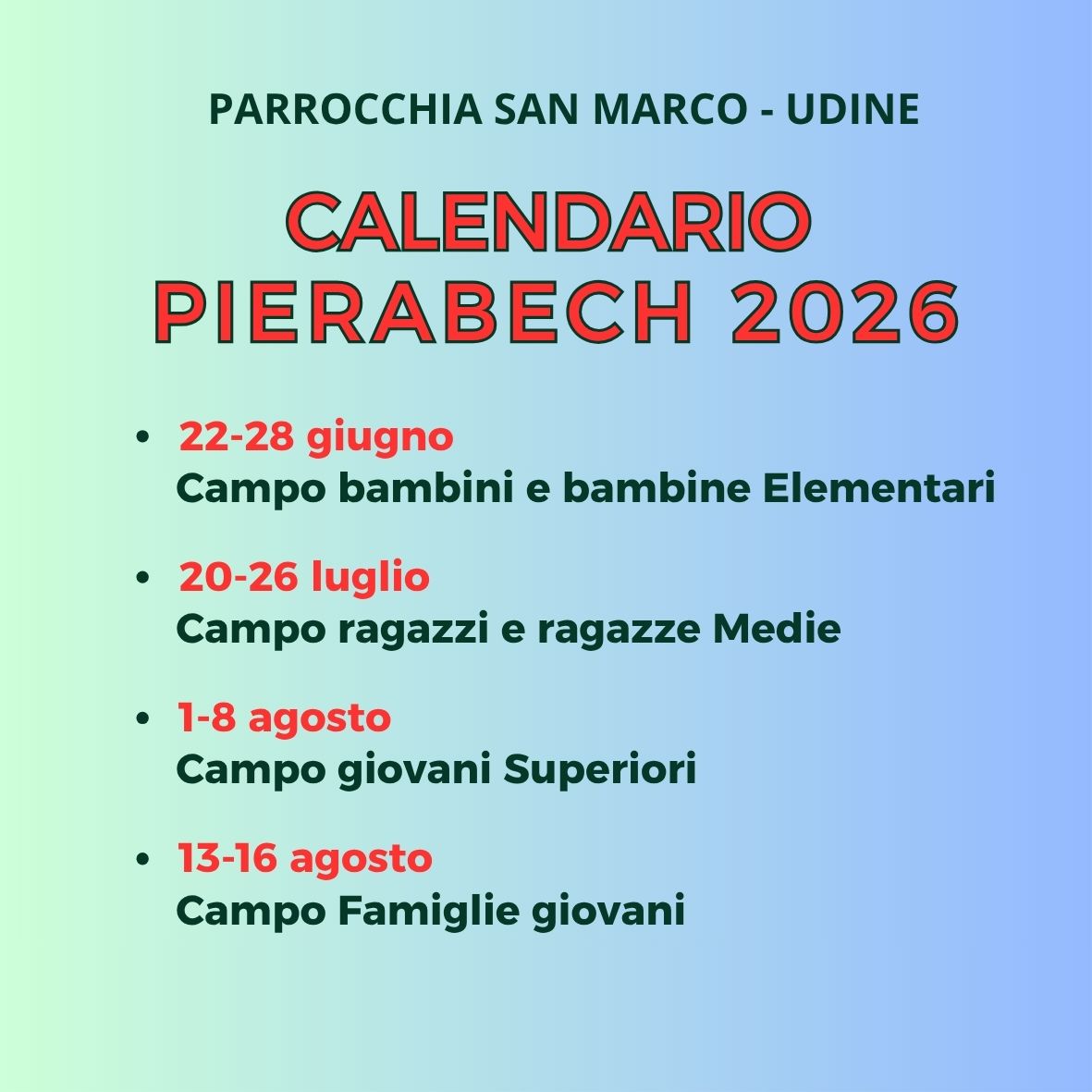 Calendario campi estivi Pierabech 2026